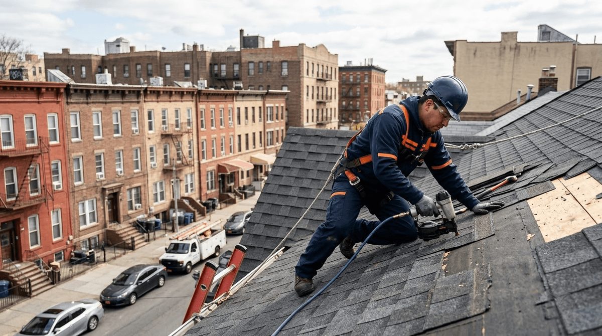 Roofer installing asphalt shingles on a residential roof above a Bronx street