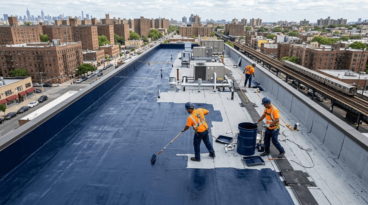 Crew waterproofing a large commercial flat roof on a Bronx apartment building