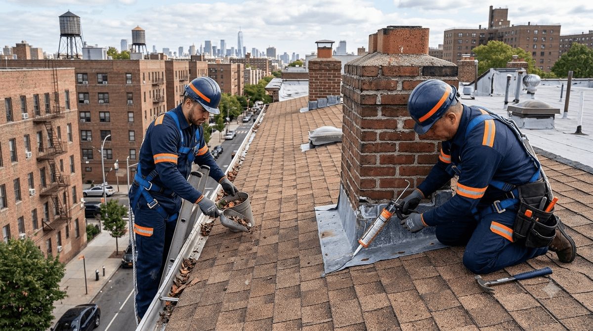 Roofer sealing chimney flashing with a caulking gun while a second crew member clears gutter debris on a shingle roof