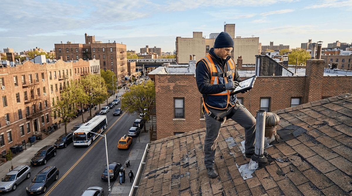 Roofer standing on a rooftop reviewing an inspection checklist on a tablet, with a Bronx street and elevated train tracks below