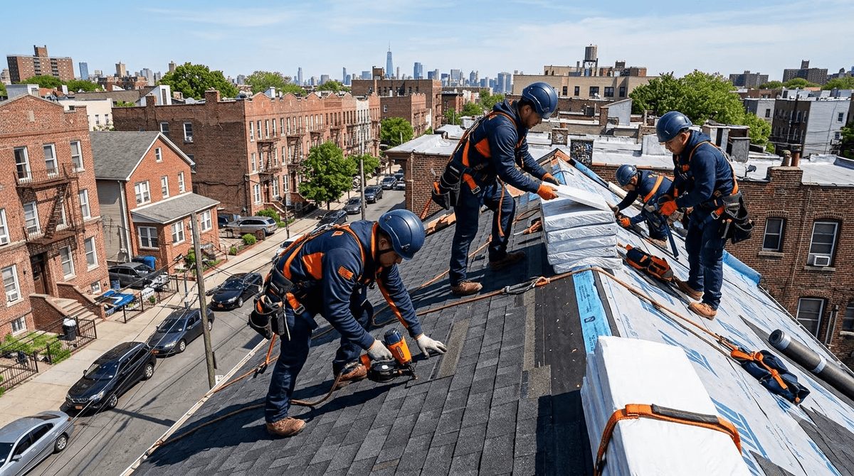 Roofing crew installing new shingles and insulation boards on a large pitched roof above a residential Bronx street