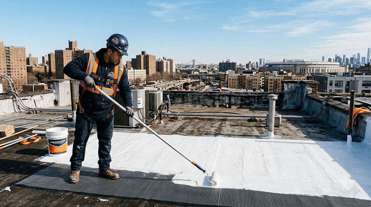 Roofer applying white waterproof roof coating with a roller on a flat roof, with the Bronx skyline and Yankee Stadium in view
